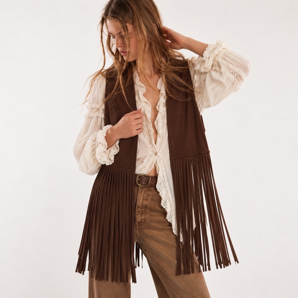 Boho Chocolate Brown Fringe Western Vest Womens Size M Faux Suede Festival Chic